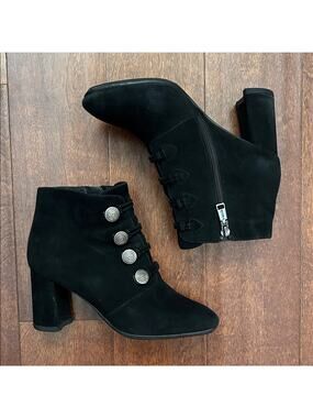 Le Saunda Black Heeled Suede Boots with Military Button Details, Size 6 (36/230)